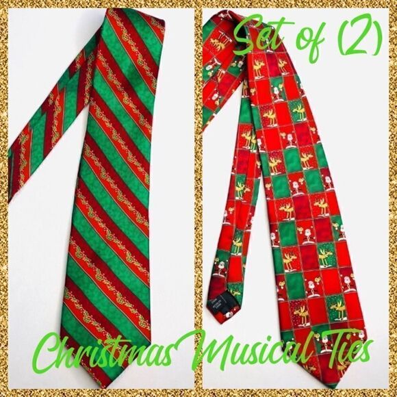 🎄Set of 2 Novelty Christmas Musical Ties – Red & Green Holiday Prints NOEL Santa - Picture 1 of 8